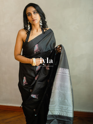 The Black Twilight Finch Kanjeevaram in Pure Silver