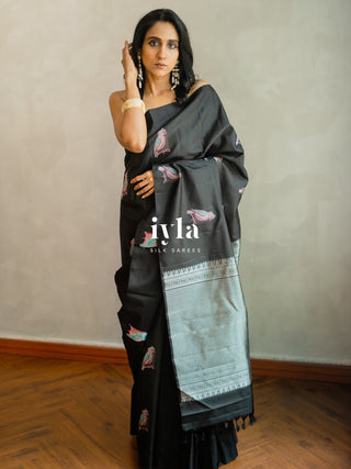 The Black Twilight Finch Kanjeevaram in Pure Silver