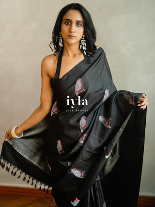 The Black Twilight Finch Kanjeevaram in Pure Silver