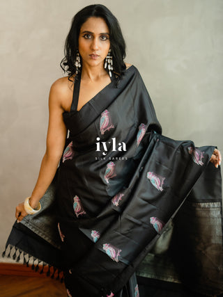 The Black Twilight Finch Kanjeevaram in Pure Silver
