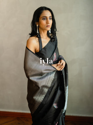 The Black Twilight Finch Kanjeevaram in Pure Silver