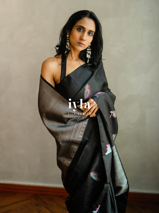 The Black Twilight Finch Kanjeevaram in Pure Silver