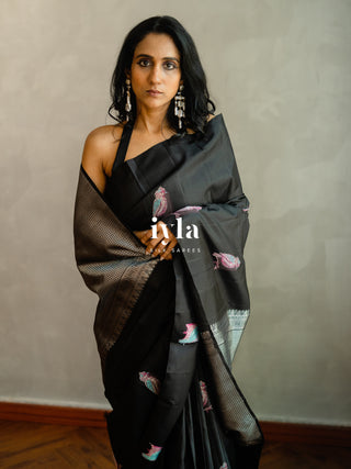 The Black Twilight Finch Kanjeevaram in Pure Silver