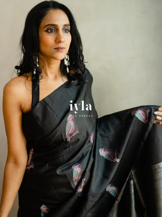 The Black Twilight Finch Kanjeevaram in Pure Silver