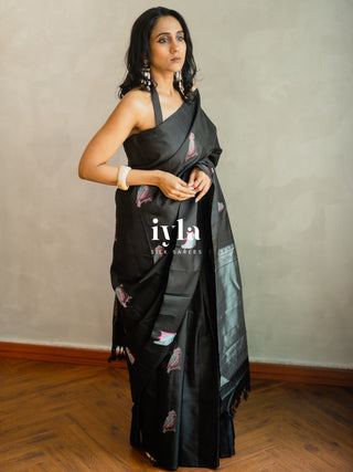 The Black Twilight Finch Kanjeevaram in Pure Silver