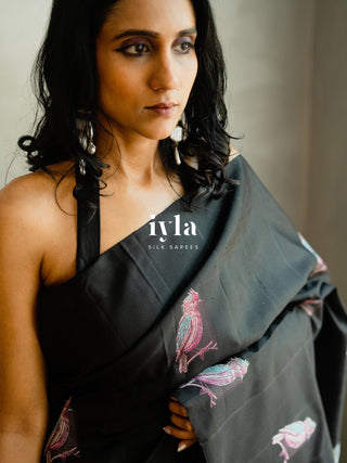 The Black Twilight Finch Kanjeevaram in Pure Silver