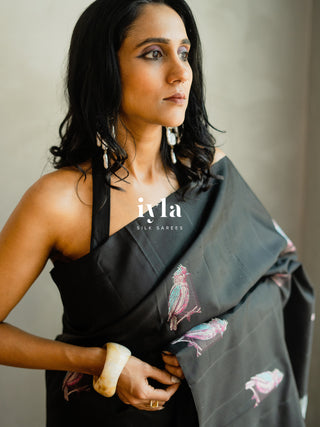 The Black Twilight Finch Kanjeevaram in Pure Silver