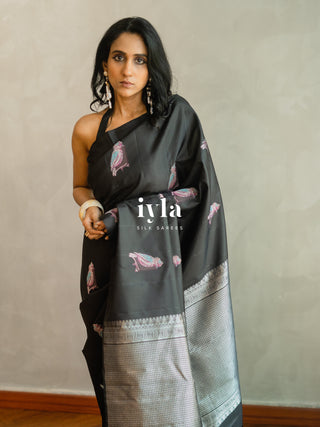 The Black Twilight Finch Kanjeevaram in Pure Silver