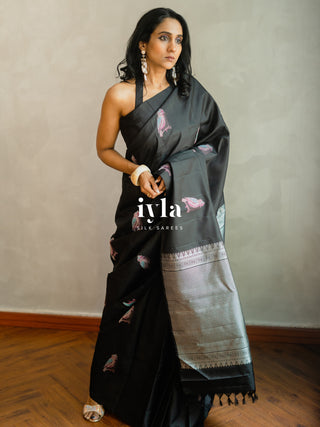 The Black Twilight Finch Kanjeevaram in Pure Silver