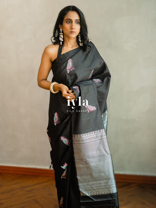 The Black Twilight Finch Kanjeevaram in Pure Silver