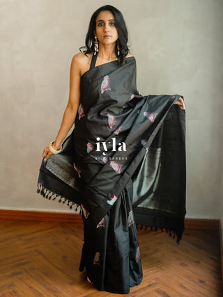 The Black Twilight Finch Kanjeevaram in Pure Silver