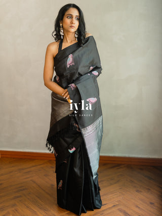 The Black Twilight Finch Kanjeevaram in Pure Silver