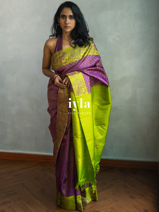 The Indian Kalamkari Peacock Kanjeevaram in Bright Purple