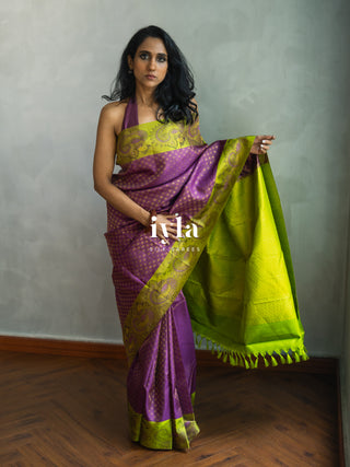 The Indian Kalamkari Peacock Kanjeevaram in Bright Purple