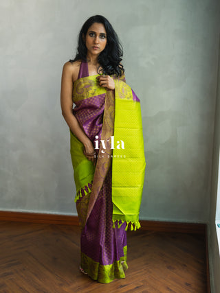 The Indian Kalamkari Peacock Kanjeevaram in Bright Purple