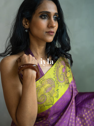 The Indian Kalamkari Peacock Kanjeevaram in Bright Purple