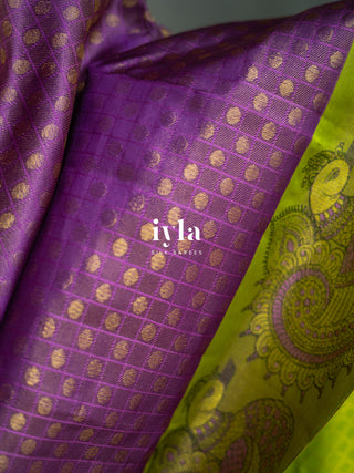 The Indian Kalamkari Peacock Kanjeevaram in Bright Purple