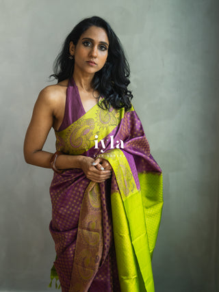 The Indian Kalamkari Peacock Kanjeevaram in Bright Purple