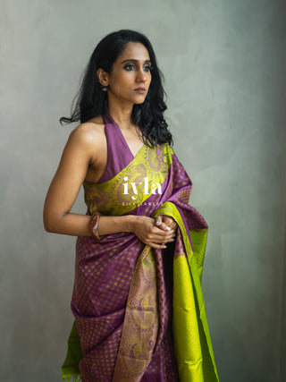 The Indian Kalamkari Peacock Kanjeevaram in Bright Purple