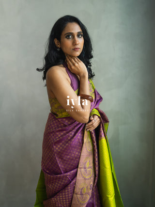 The Indian Kalamkari Peacock Kanjeevaram in Bright Purple
