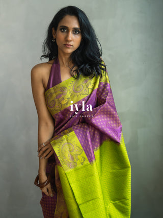The Indian Kalamkari Peacock Kanjeevaram in Bright Purple