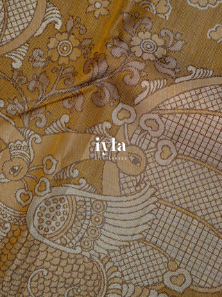 The Indian Kalamkari Peacock Kanjeevaram in Mustard Yellow