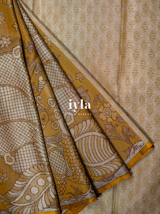 The Indian Kalamkari Peacock Kanjeevaram in Mustard Yellow