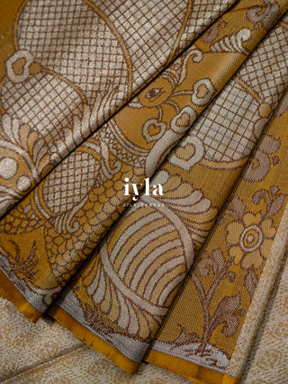 The Indian Kalamkari Peacock Kanjeevaram in Mustard Yellow