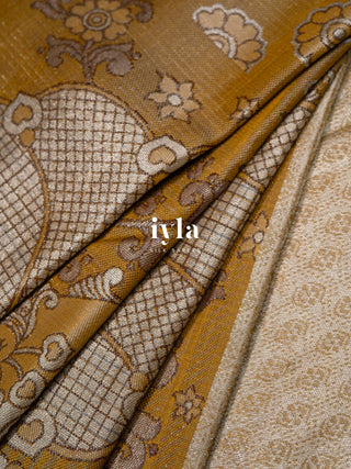 The Indian Kalamkari Peacock Kanjeevaram in Mustard Yellow