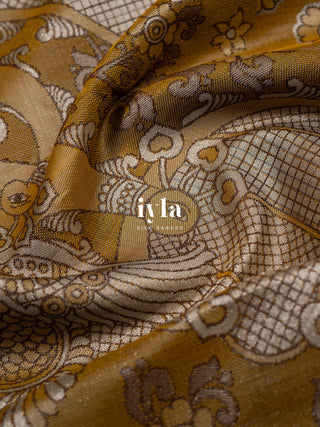 The Indian Kalamkari Peacock Kanjeevaram in Mustard Yellow