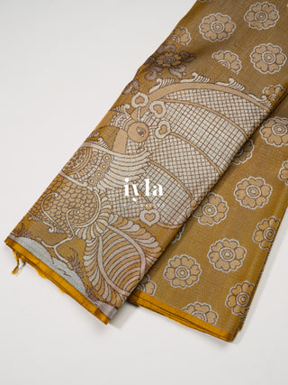 The Indian Kalamkari Peacock Kanjeevaram in Mustard Yellow