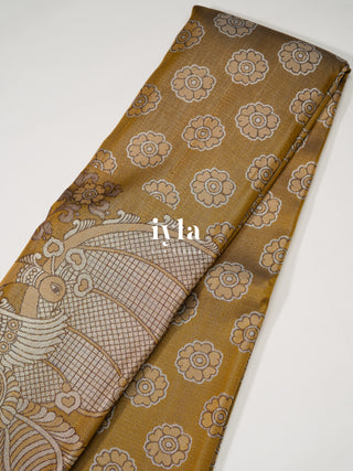 The Indian Kalamkari Peacock Kanjeevaram in Mustard Yellow