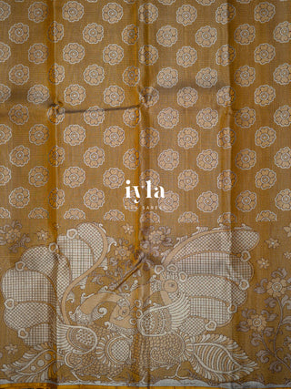 The Indian Kalamkari Peacock Kanjeevaram in Mustard Yellow