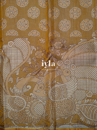 The Indian Kalamkari Peacock Kanjeevaram in Mustard Yellow