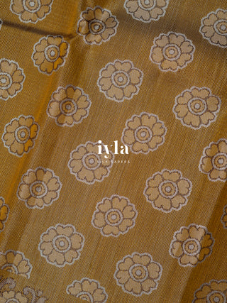 The Indian Kalamkari Peacock Kanjeevaram in Mustard Yellow