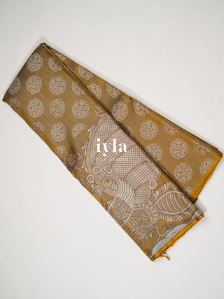 The Indian Kalamkari Peacock Kanjeevaram in Mustard Yellow