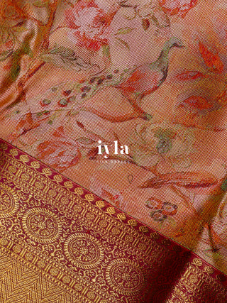 The Peacock Symphony Kanjeevaram in Apricot Orange