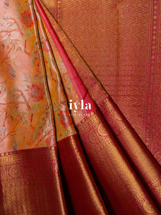 The Peacock Symphony Kanjeevaram in Apricot Orange