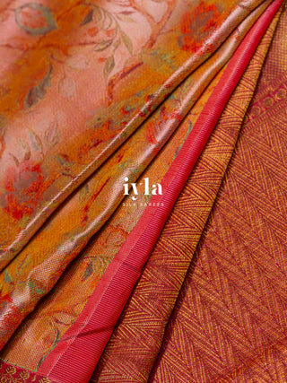 The Peacock Symphony Kanjeevaram in Apricot Orange