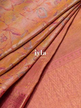 The Peacock Symphony Kanjeevaram in Apricot Orange