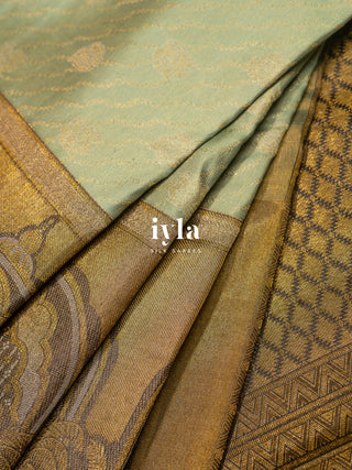 The Pichwai Sacred Cow and Calf Kanjeevaram in Pistachio Sage