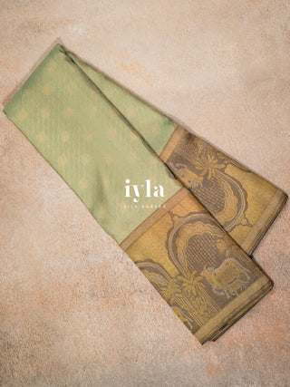 The Pichwai Sacred Cow and Calf Kanjeevaram in Pistachio Sage