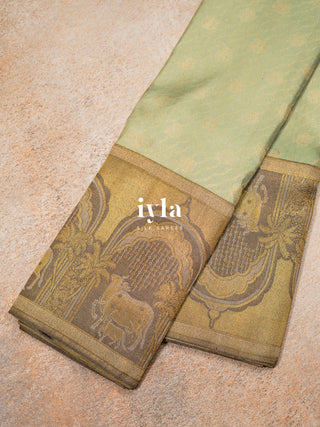 The Pichwai Sacred Cow and Calf Kanjeevaram in Pistachio Sage