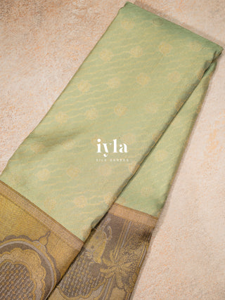 The Pichwai Sacred Cow and Calf Kanjeevaram in Pistachio Sage