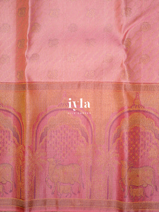 The Pichwai Sacred Cow and Calf Kanjeevaram in Flamingo Pink