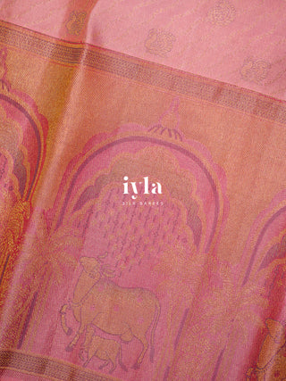 The Pichwai Sacred Cow and Calf Kanjeevaram in Flamingo Pink
