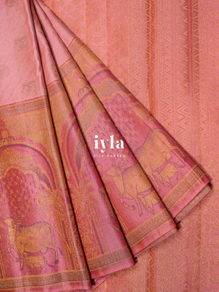 The Pichwai Sacred Cow and Calf Kanjeevaram in Flamingo Pink