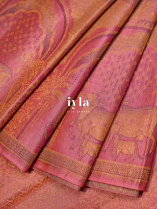 The Pichwai Sacred Cow and Calf Kanjeevaram in Flamingo Pink