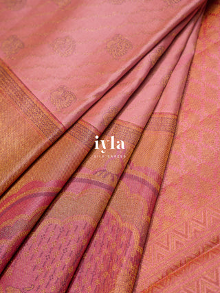 The Pichwai Sacred Cow and Calf Kanjeevaram in Flamingo Pink