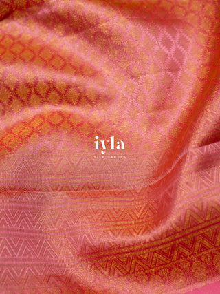 The Pichwai Sacred Cow and Calf Kanjeevaram in Flamingo Pink